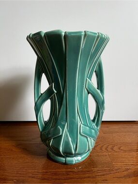McCoy Pottery Vintage Art Deco 1940s Ribbon Vase Aqua Green